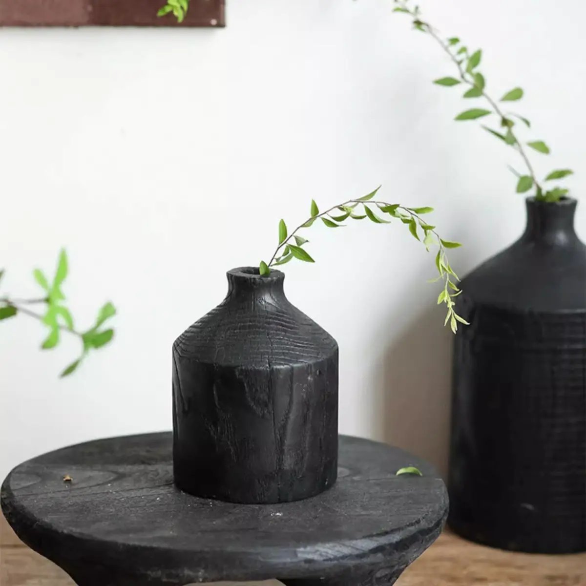 Black Wooden Vase Narrow Neck Decorative Bottle by RusticReach