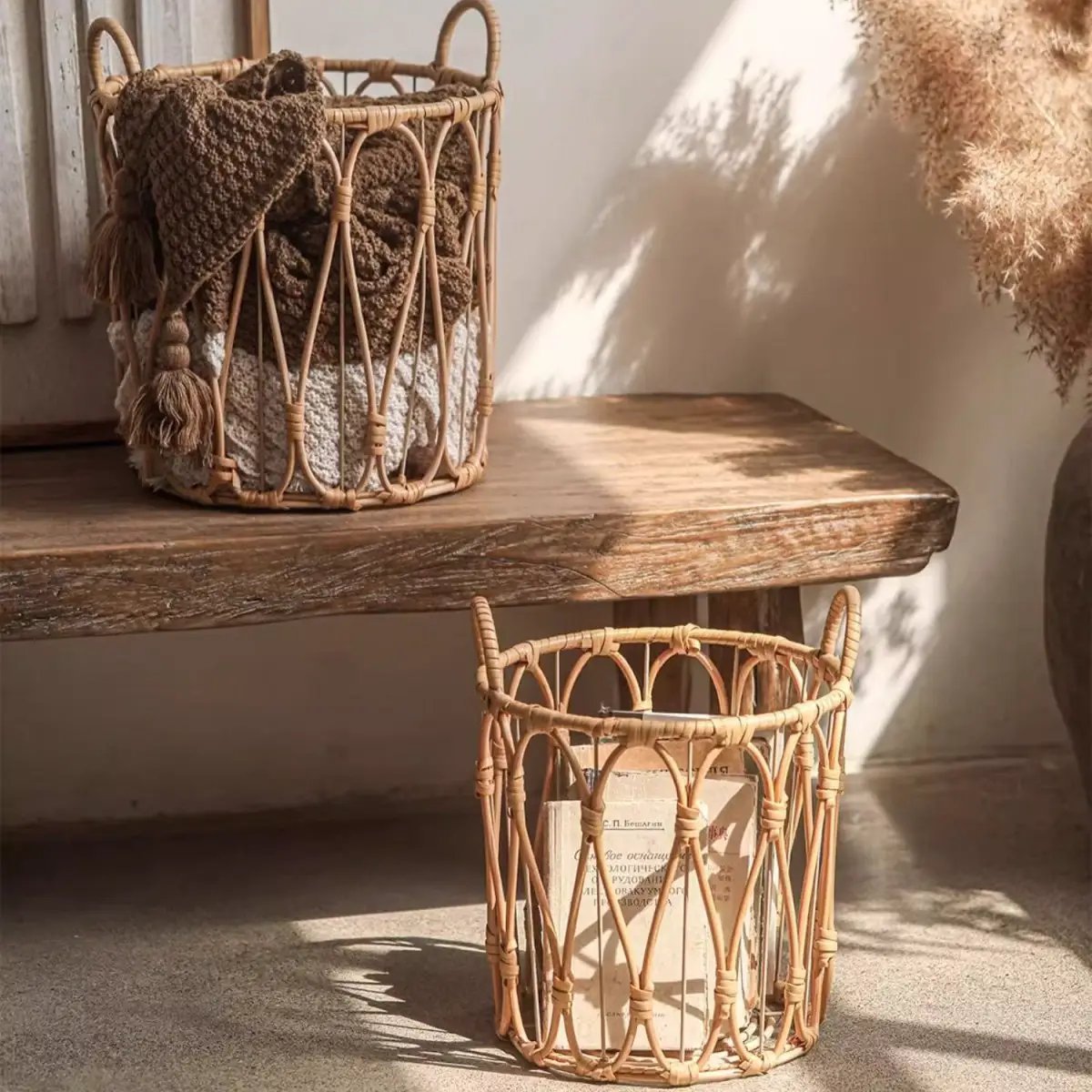 Bohemian Open-Weave Rattan Basket by RusticReach