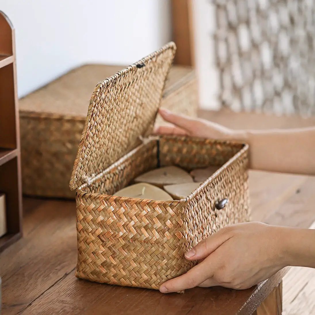 Rectangular Natural Straw Storage Basket with Lid by RusticReach