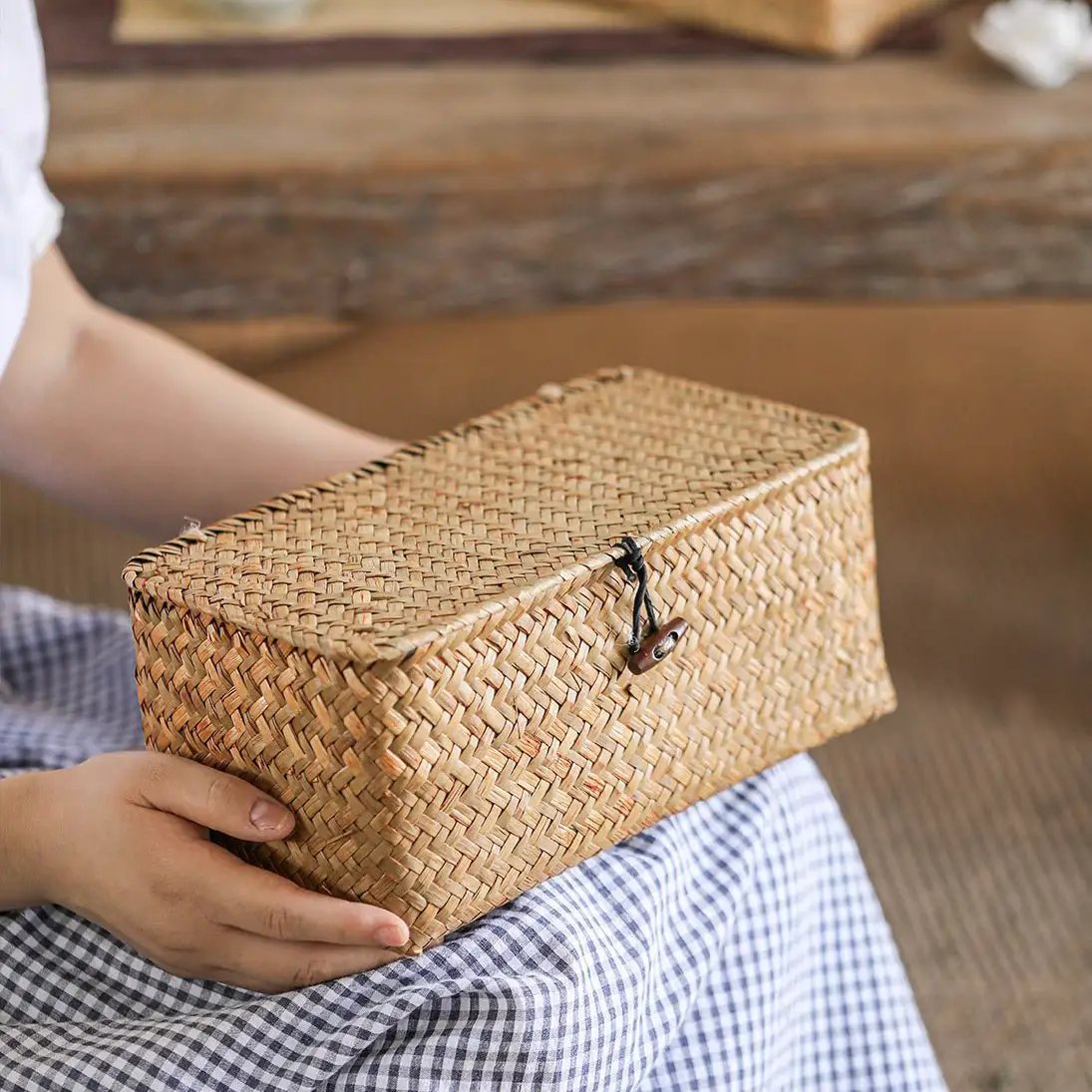 Rectangular Natural Straw Storage Basket with Lid by RusticReach