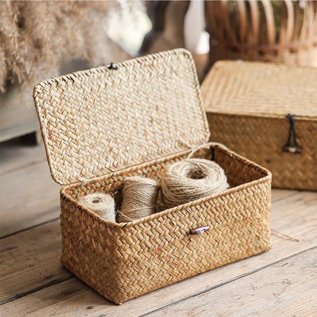 Rectangular Natural Straw Storage Basket with Lid by RusticReach