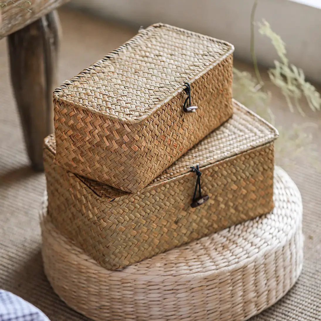Rectangular Natural Straw Storage Basket with Lid by RusticReach
