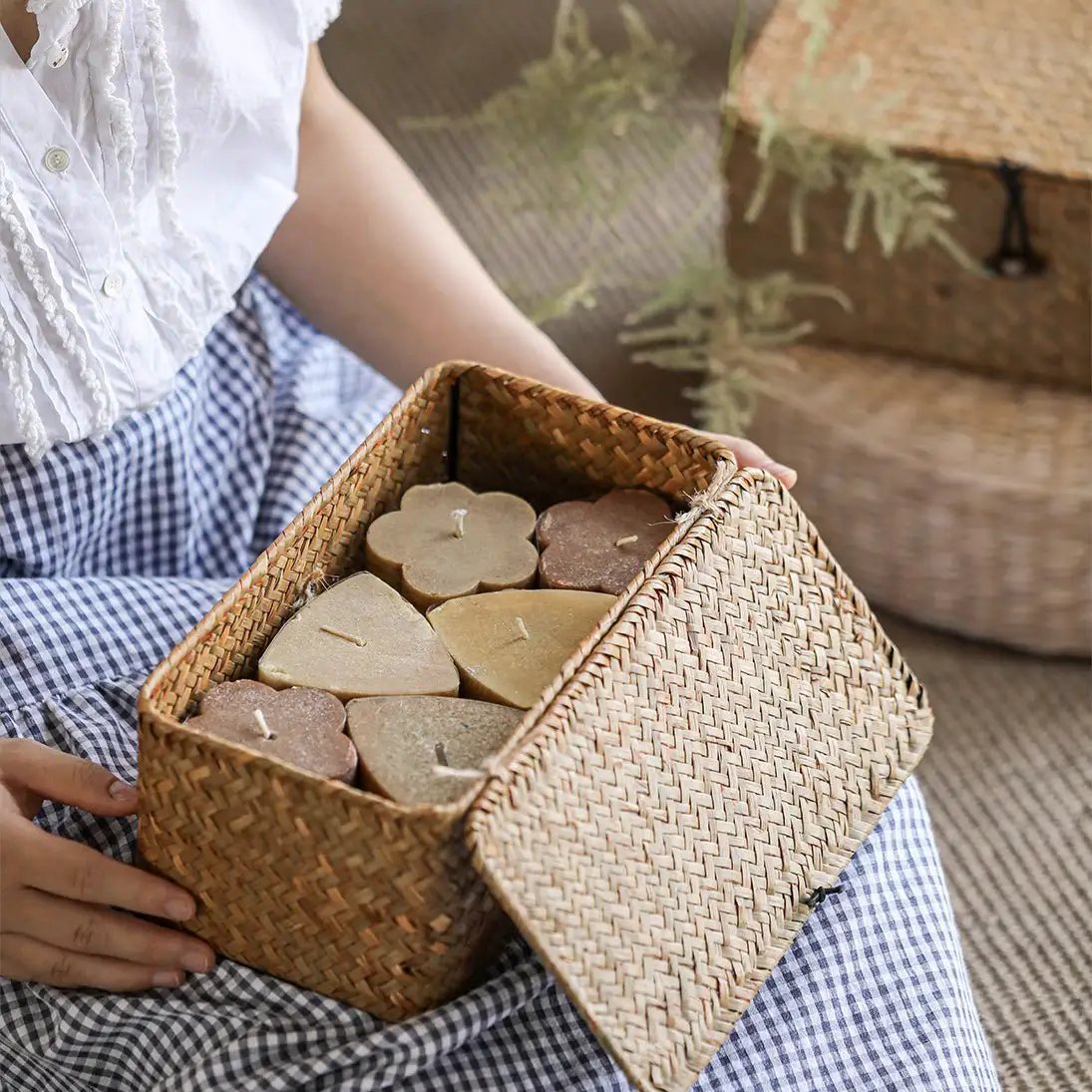 Rectangular Natural Straw Storage Basket with Lid by RusticReach