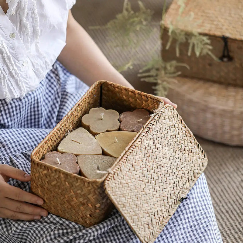 Rectangular Natural Straw Storage Basket with Lid by RusticReach
