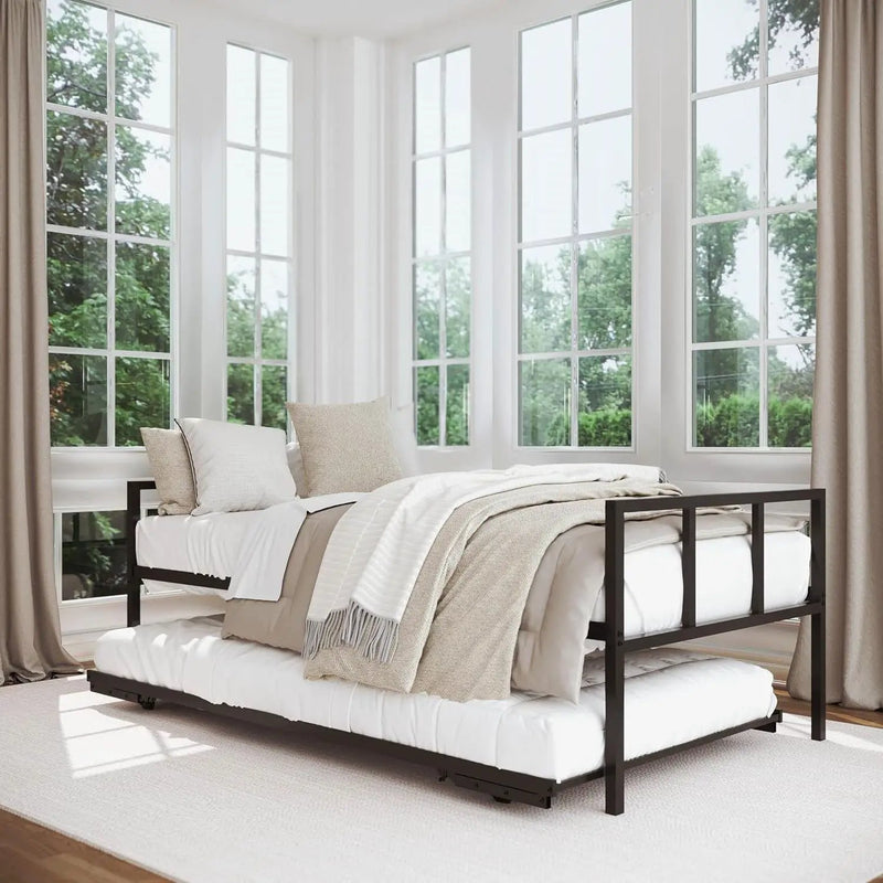 Twin Heavy Duty Black Metal Daybed Frame with Roll-Out Pop-Up Trundle Bed Frame by HomePacific