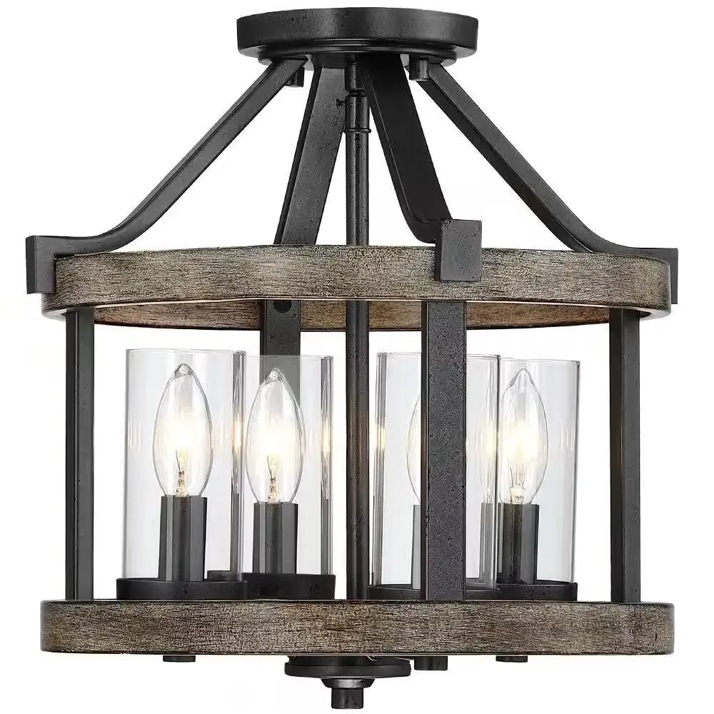 Round 4-Light 12.5-inch Metal Wood Farmhouse Ceiling Lamp - Semi-Flush Mount by HomePacific