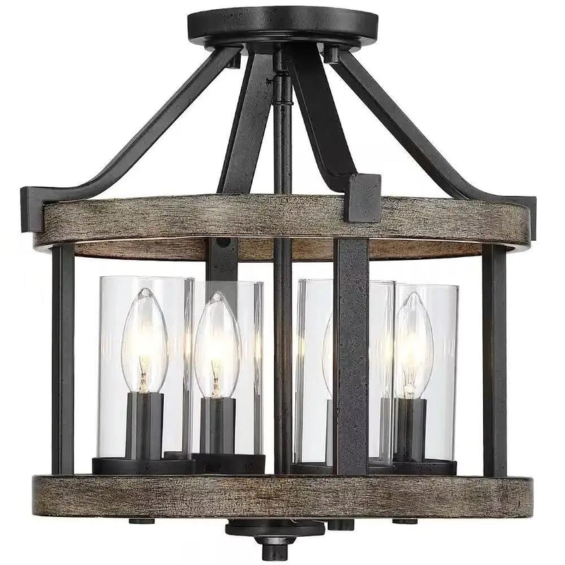 Round 4-Light 12.5-inch Metal Wood Farmhouse Ceiling Lamp - Semi-Flush Mount by HomePacific