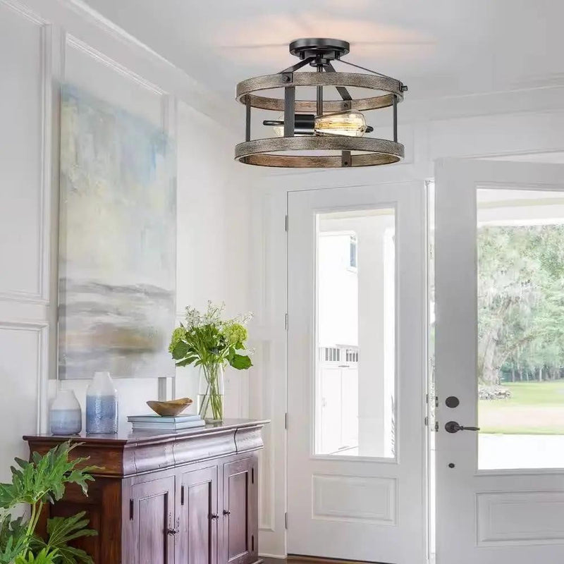 Round 13-inch Metal Wood Farmhouse 2-Light Ceiling Lamp - Semi-Flush Mount by HomePacific
