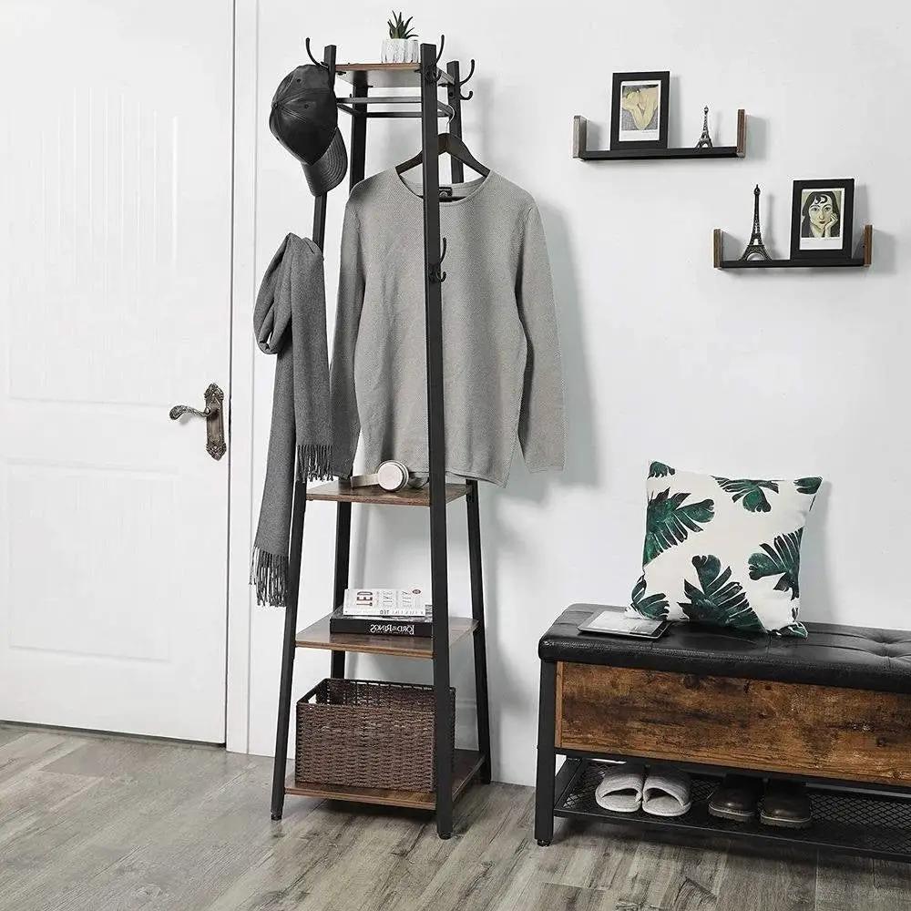 Modern Industrial Metal Frame Wood Shelf Coat Rack with 3-Shelves by HomePacific