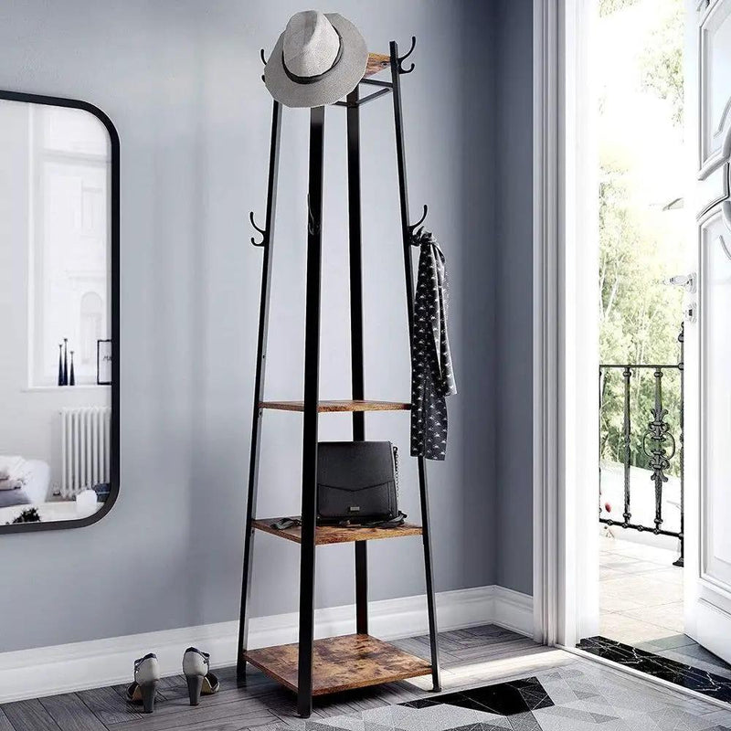 Modern Industrial Metal Frame Wood Shelf Coat Rack with 3-Shelves by HomePacific