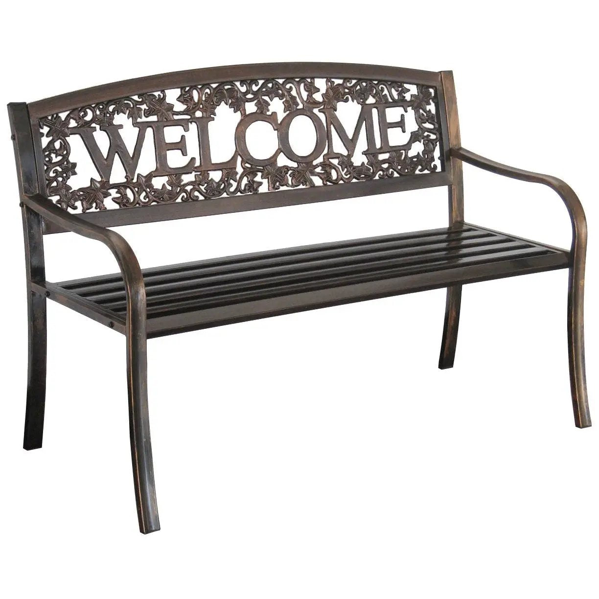 Outdoor Weather Resistant Metal Garden Bench with Welcome Floral Back by HomePacific