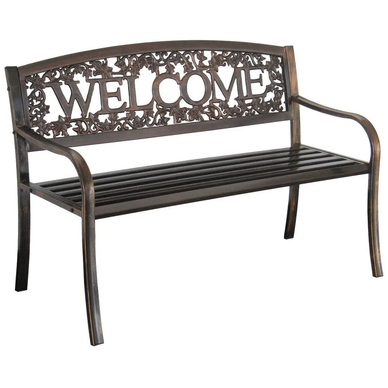 Outdoor Weather Resistant Metal Garden Bench with Welcome Floral Back by HomePacific