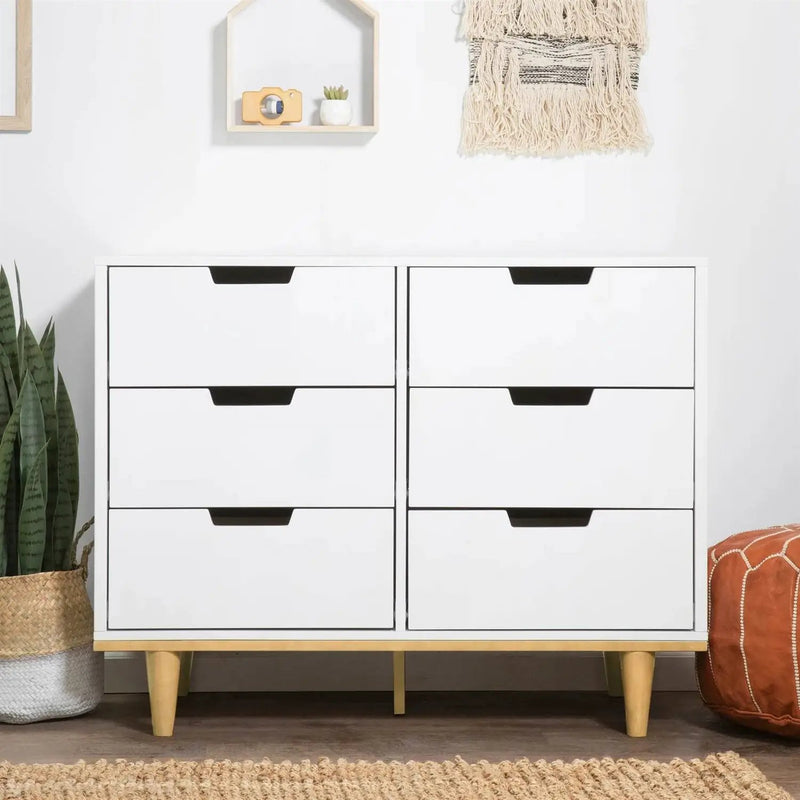 Modern Mid-Century Style 6-Drawer Double Dresser in White Natural Wood Finish by HomePacific