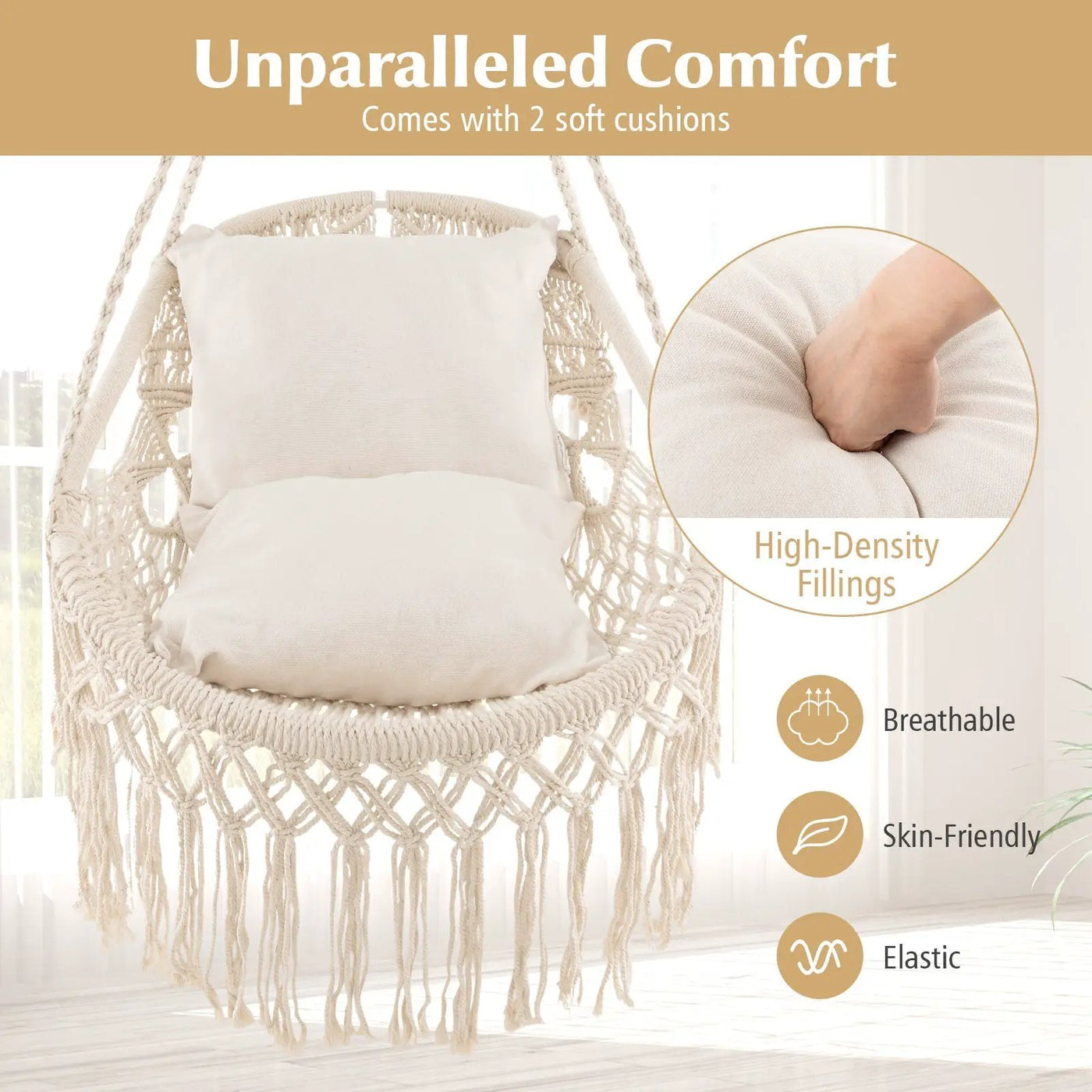 Hanging Hammock Chair with Soft Seat Cushions and Sturdy Rope Chain by DirectDeals