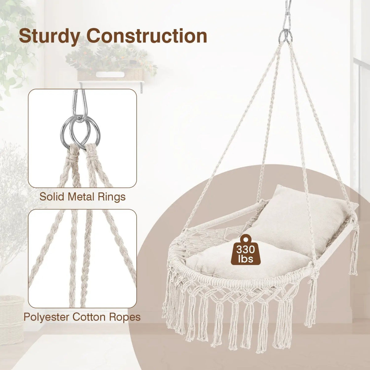 Macrame Swing Chair Hammock Chair with 2 Removable Cushions by DirectDeals