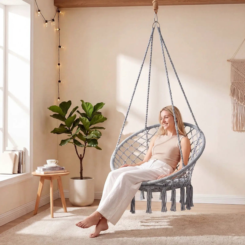 Macrame Swing Chair Hammock Chair with Round Seat Cushion by DirectDeals