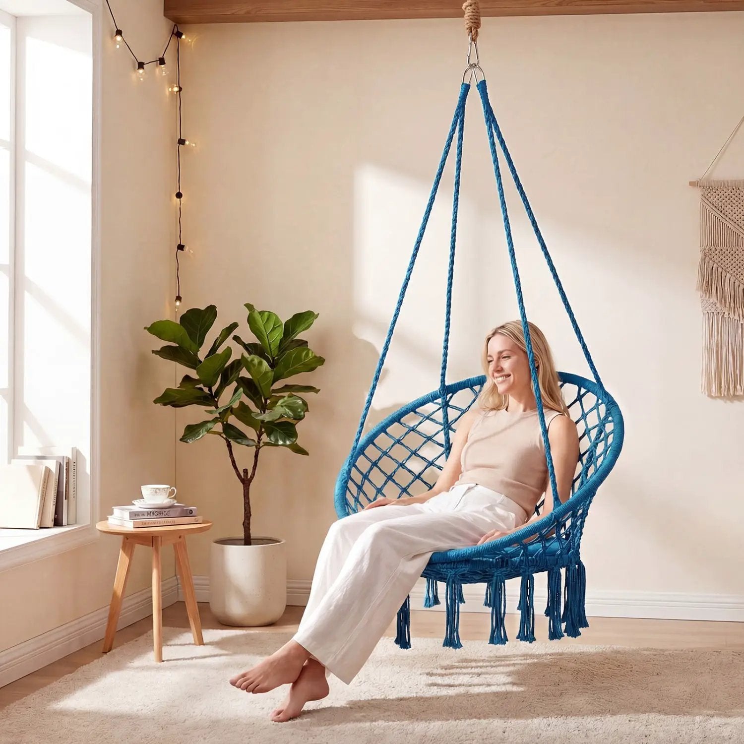 Macrame Swing Chair Hammock Chair with Round Seat Cushion by DirectDeals