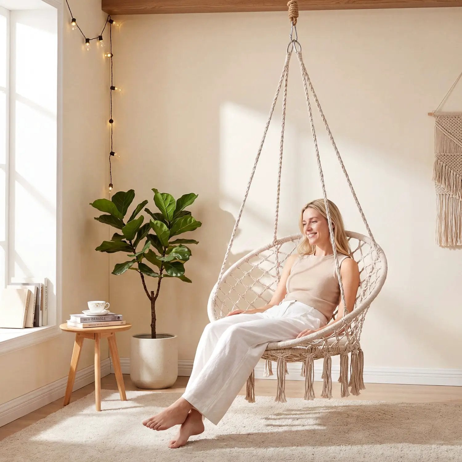 Macrame Swing Chair Hammock Chair with Round Seat Cushion by DirectDeals