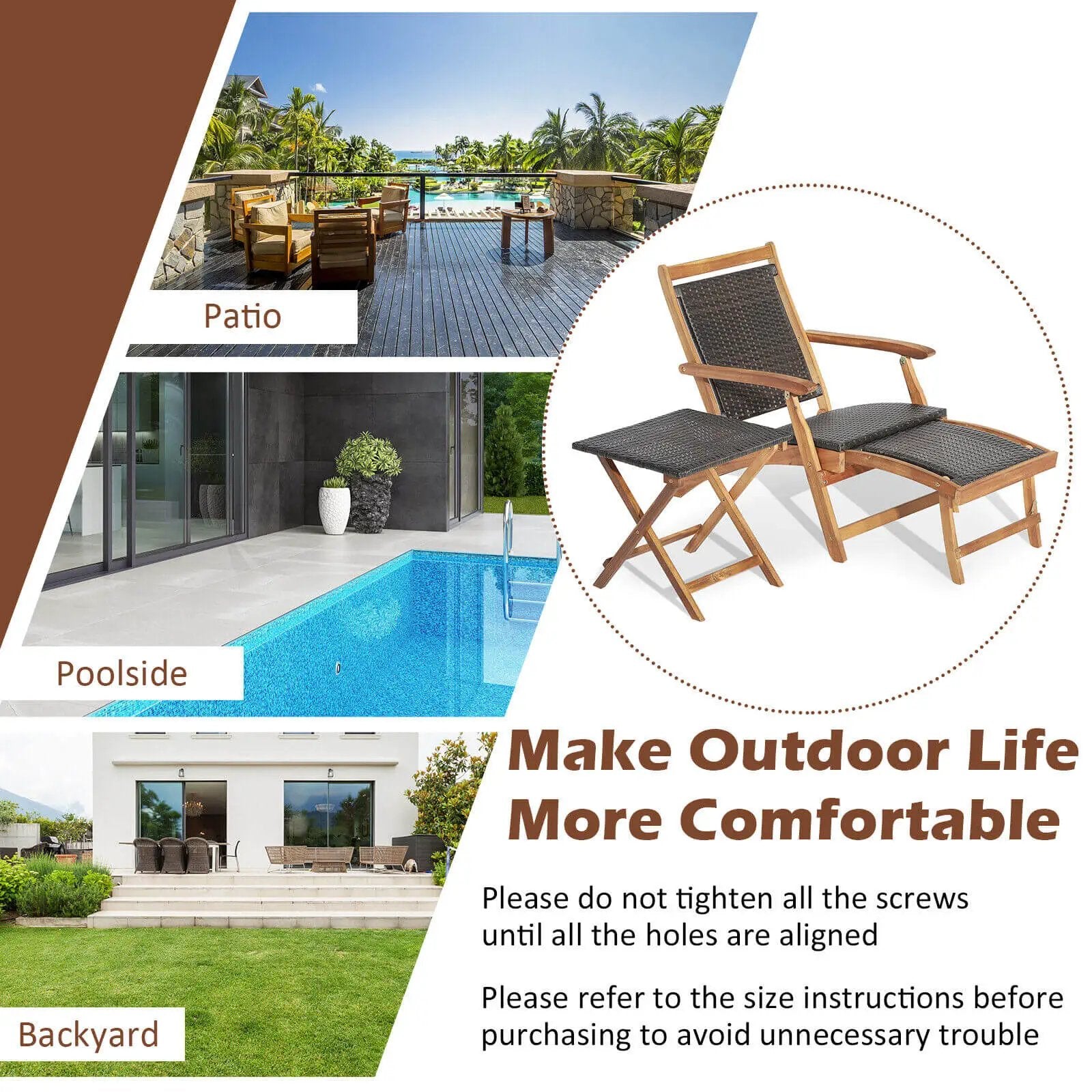 2 Pieces Patio Rattan Folding Lounge Chair with Acacia Wood Table by DirectDeals