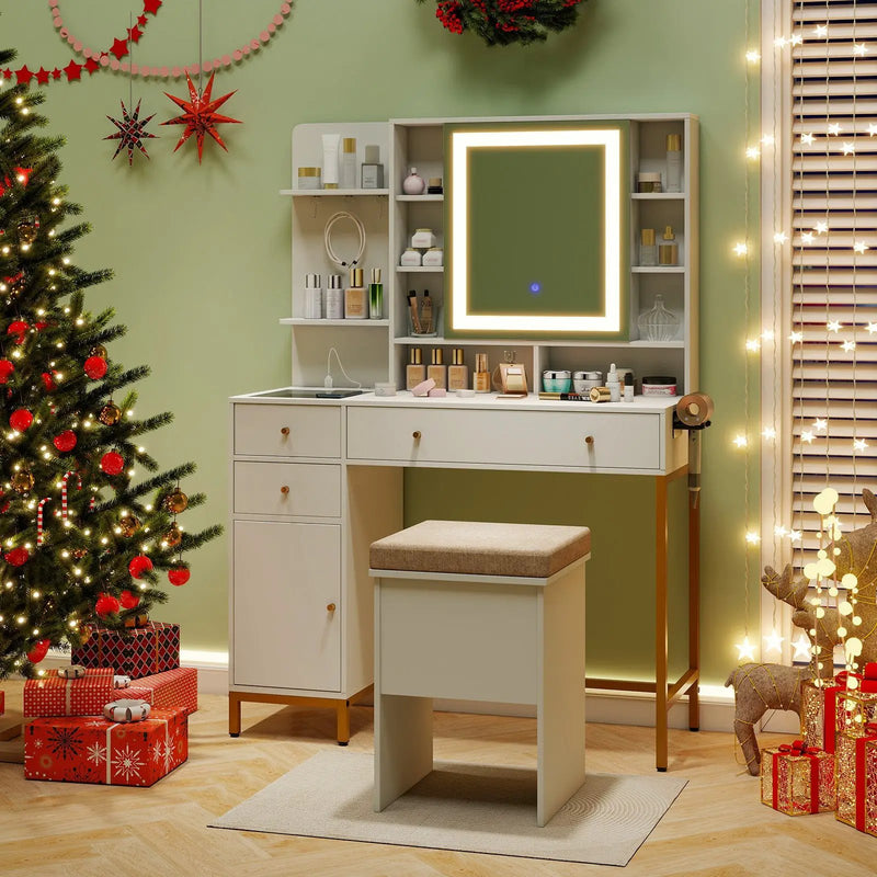 Makeup Dressing Table and Stool set with 3 Lighting Modes and Cabinet-White by DirectDeals