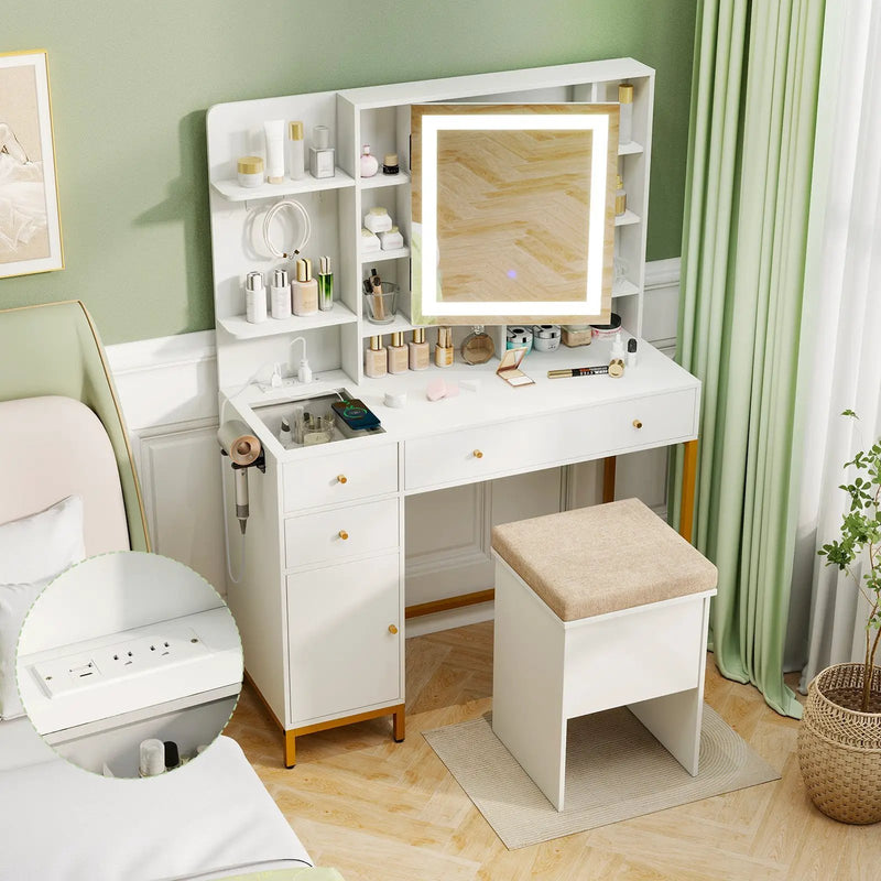 Makeup Dressing Table and Stool set with 3 Lighting Modes and Cabinet-White by DirectDeals