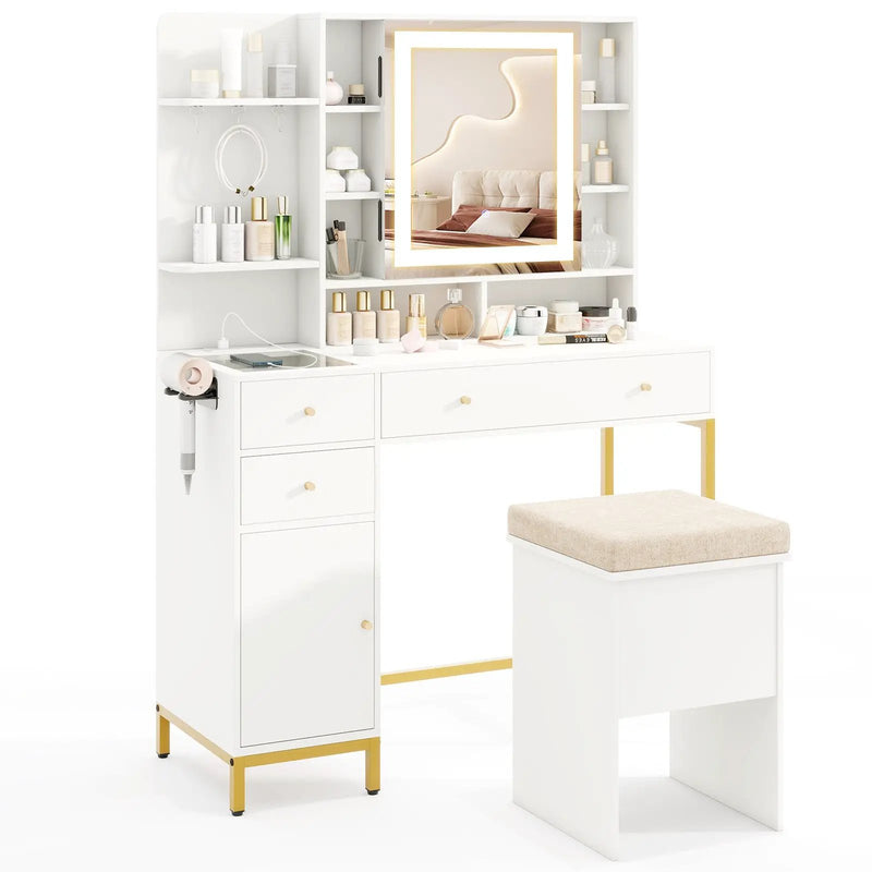 Makeup Dressing Table and Stool set with 3 Lighting Modes and Cabinet-White by DirectDeals
