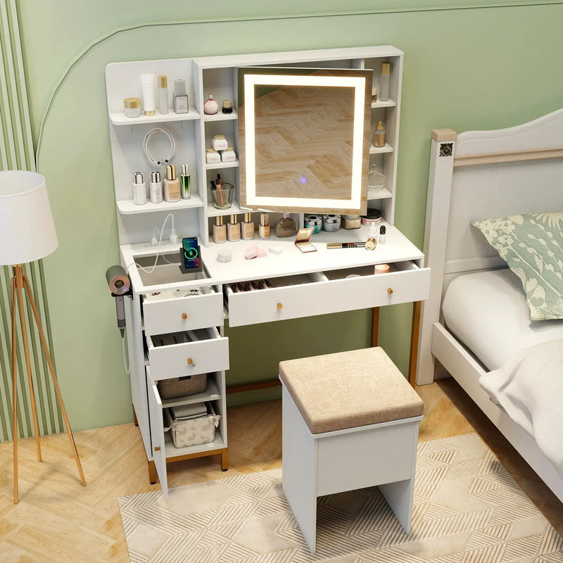 Makeup Dressing Table and Stool set with 3 Lighting Modes and Cabinet-White by DirectDeals