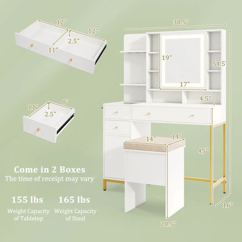 Makeup Dressing Table and Stool set with 3 Lighting Modes and Cabinet-White by DirectDeals