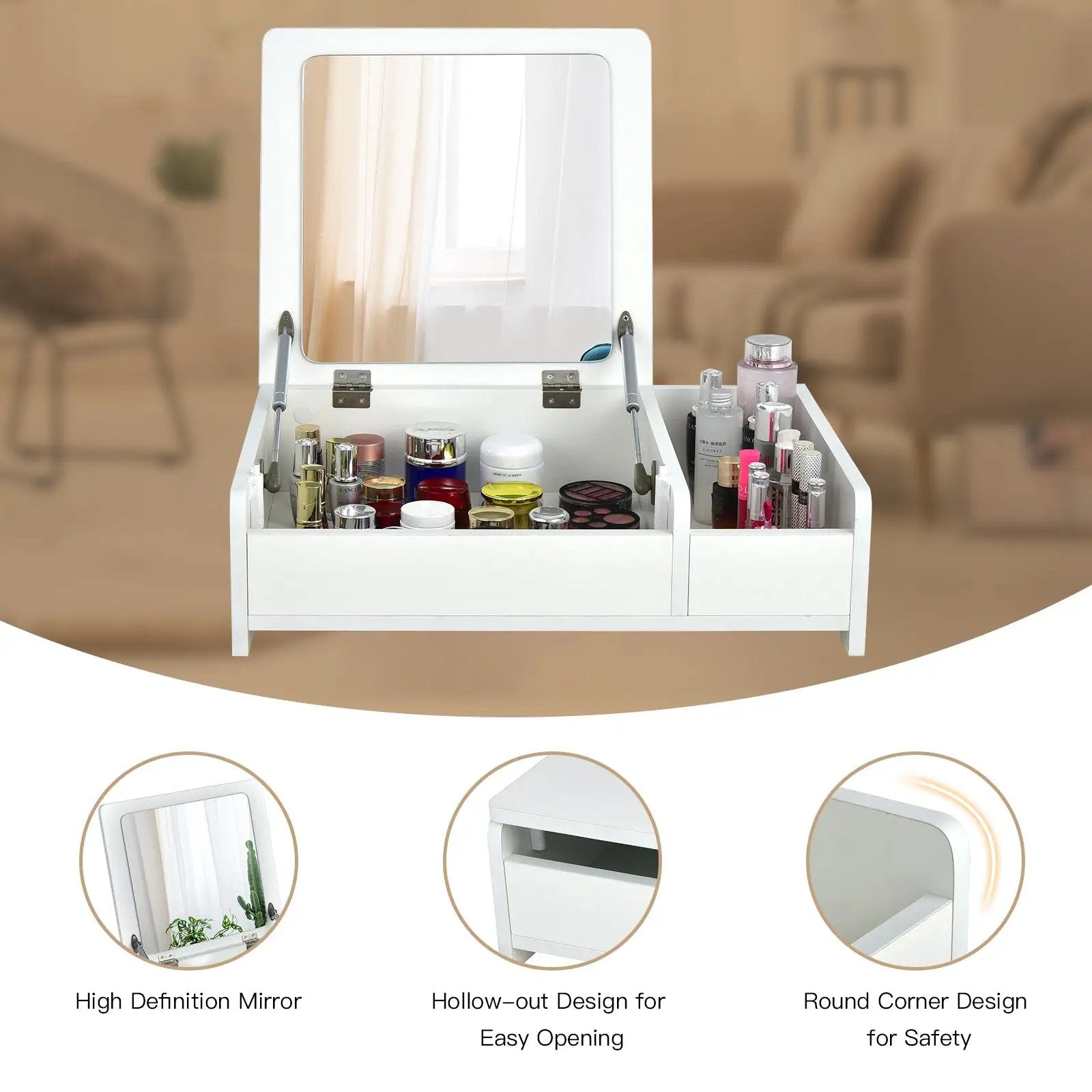 Compact Bay Window Makeup Dressing Table with Flip-Top Mirror by DirectDeals