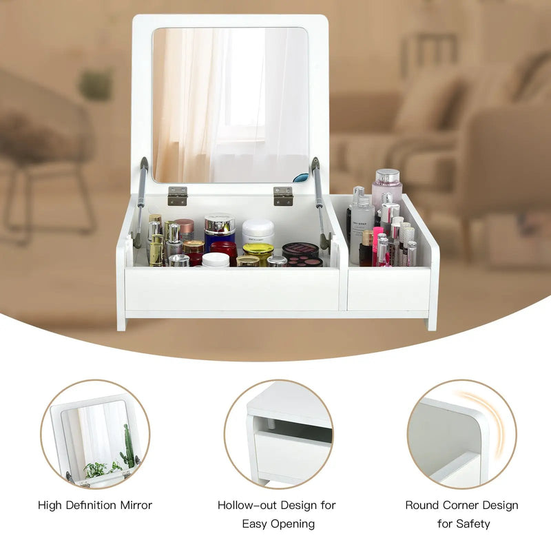 Compact Bay Window Makeup Dressing Table with Flip-Top Mirror by DirectDeals