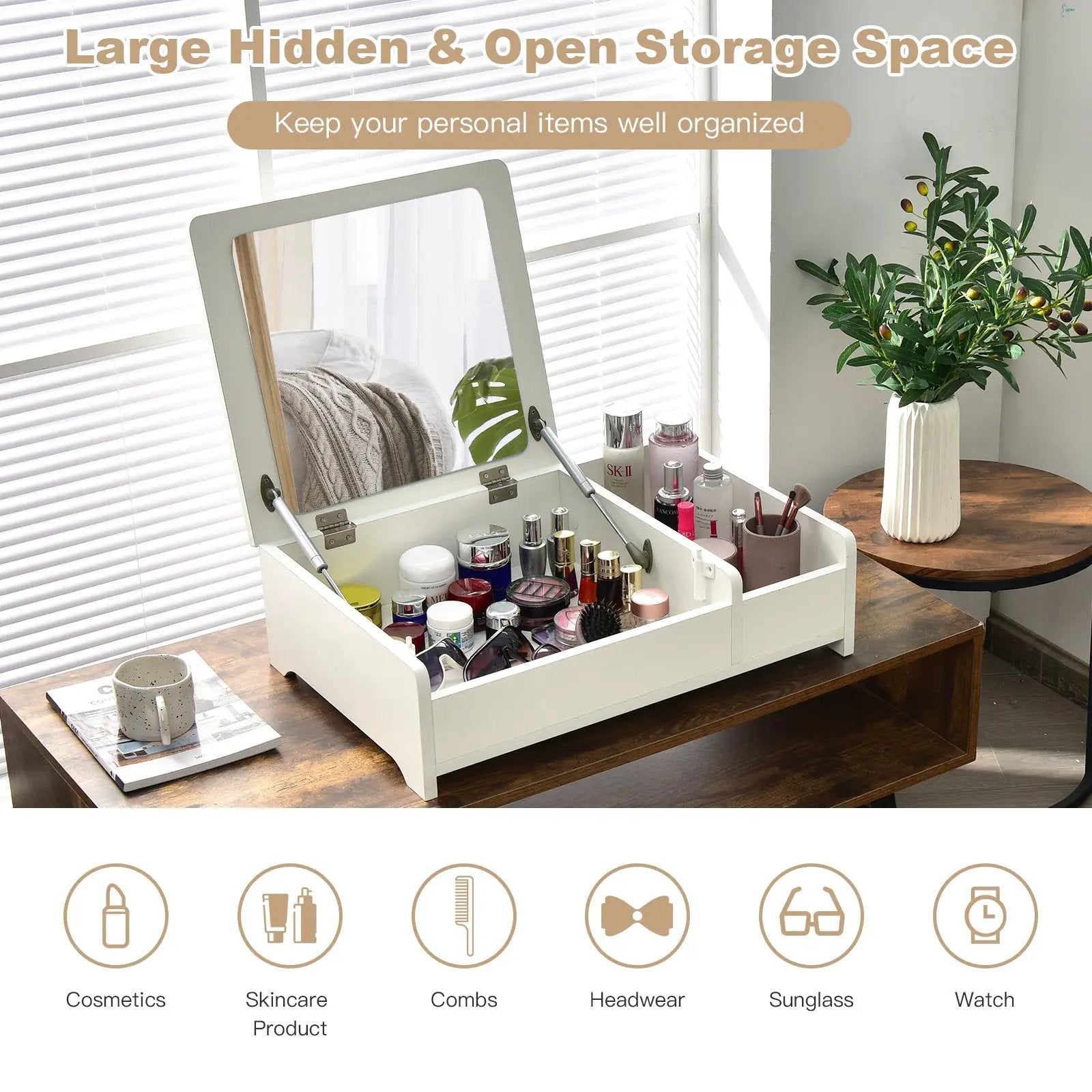 Compact Bay Window Makeup Dressing Table with Flip-Top Mirror by DirectDeals
