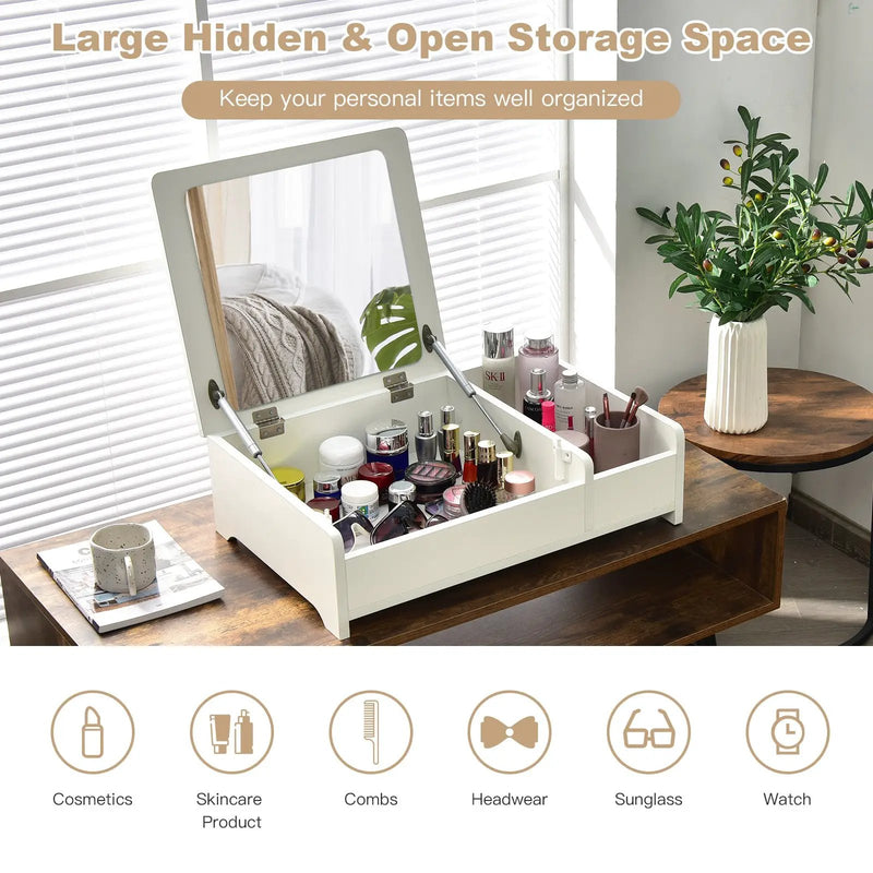 Compact Bay Window Makeup Dressing Table with Flip-Top Mirror by DirectDeals