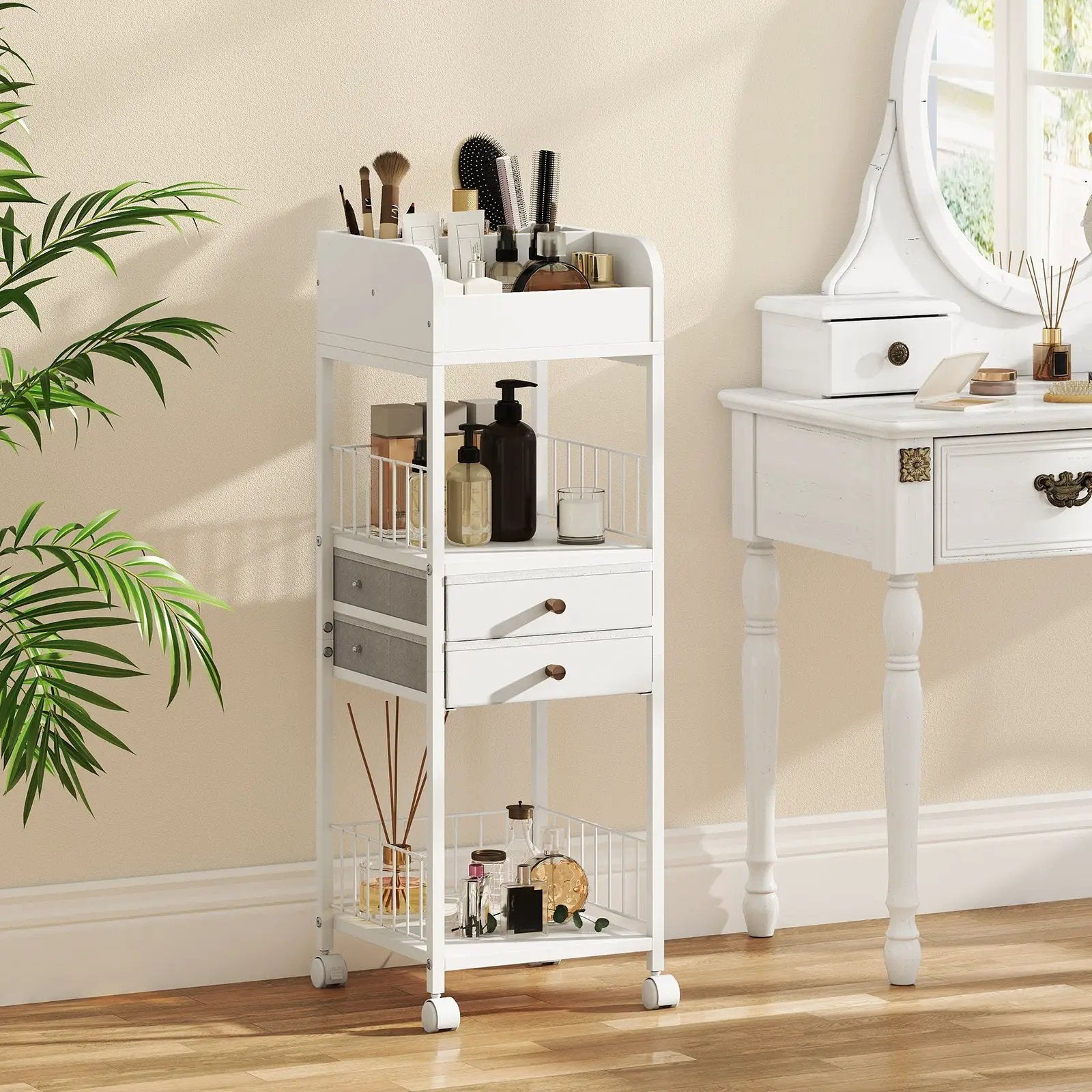 Makeup Organizer Floor Skincare Organizer Cart with Drawers and Storage Shelves-White by DirectDeals