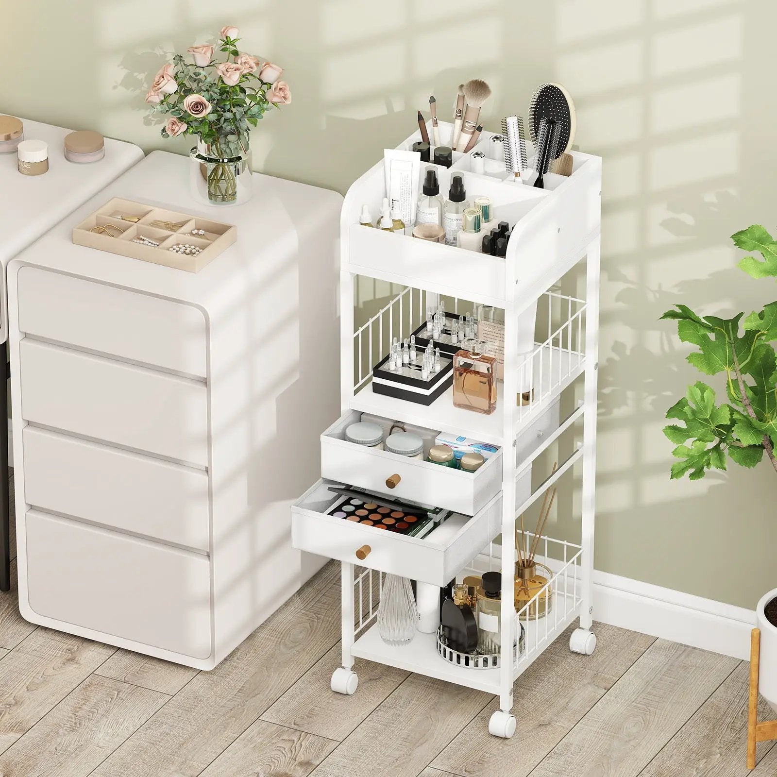 Makeup Organizer Floor Skincare Organizer Cart with Drawers and Storage Shelves-White by DirectDeals