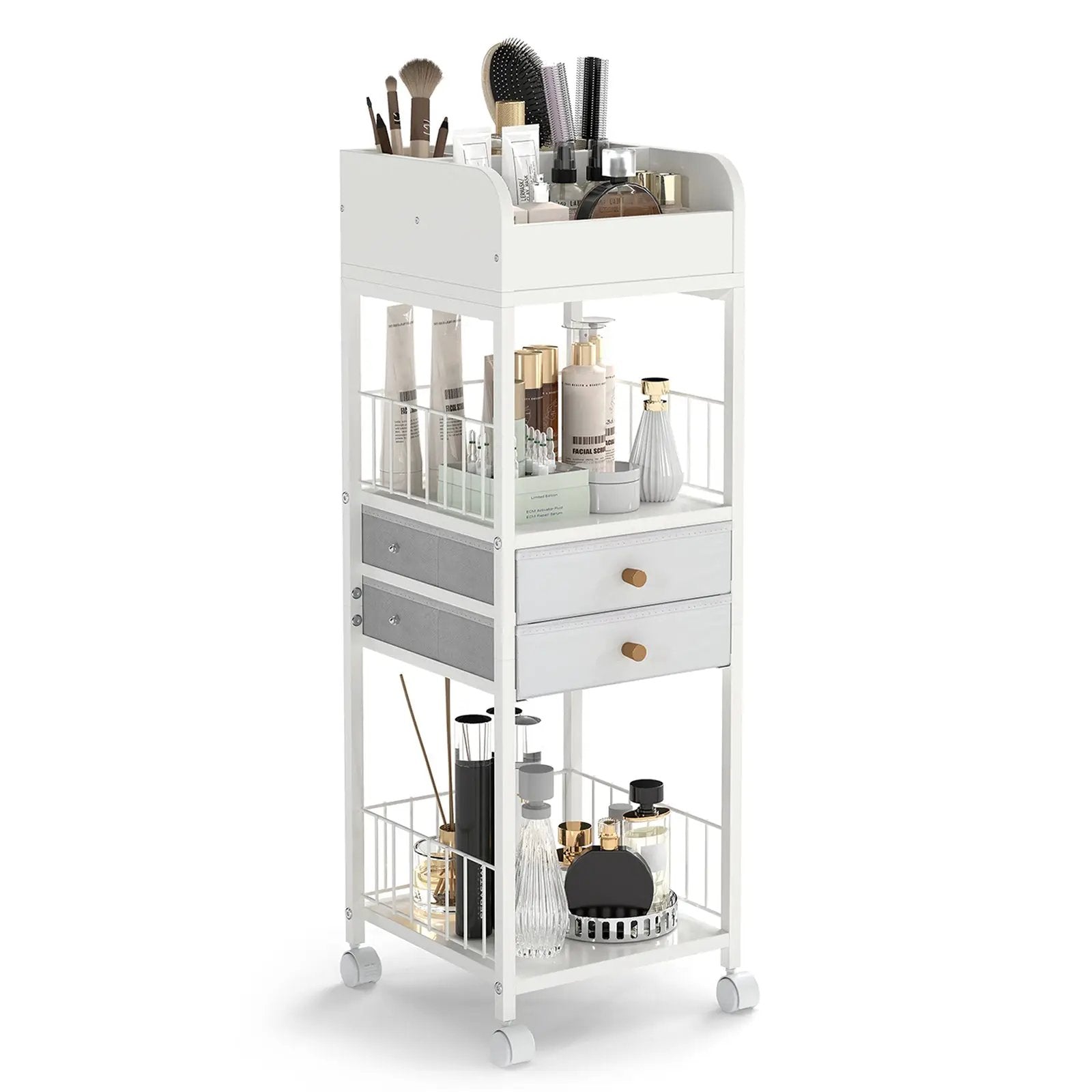 Makeup Organizer Floor Skincare Organizer Cart with Drawers and Storage Shelves-White by DirectDeals