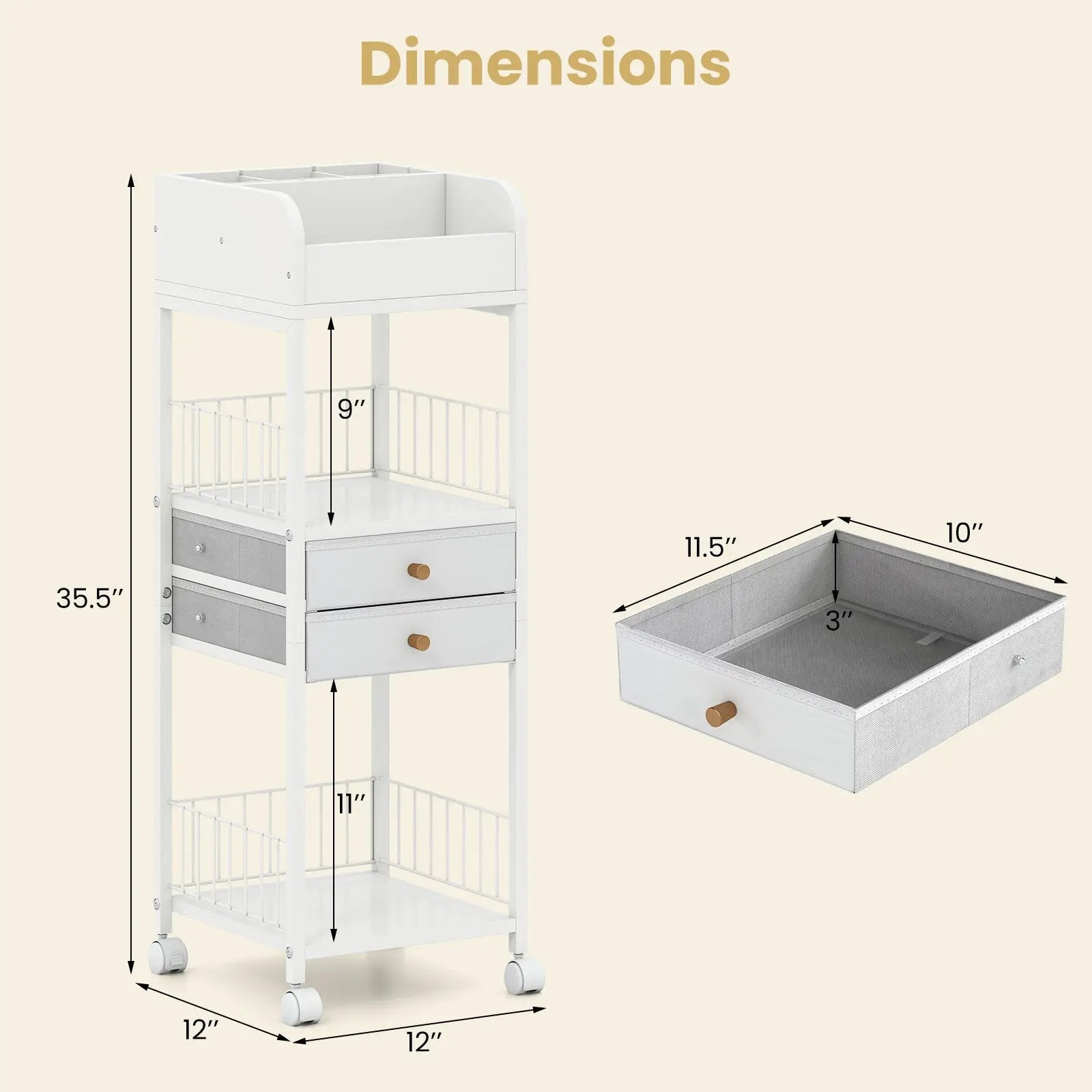 Makeup Organizer Floor Skincare Organizer Cart with Drawers and Storage Shelves-White by DirectDeals
