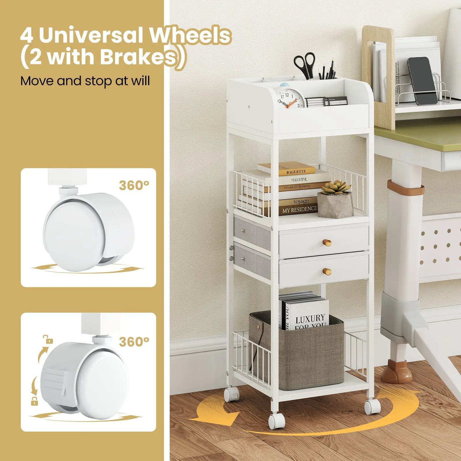 Makeup Organizer Floor Skincare Organizer Cart with Drawers and Storage Shelves-White by DirectDeals