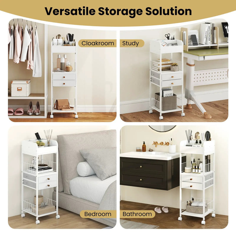 Makeup Organizer Floor Skincare Organizer Cart with Drawers and Storage Shelves-White by DirectDeals