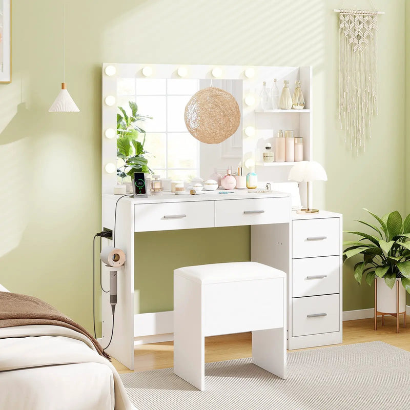Makeup Table and Stool Set with Hair Dryer Stand-White by DirectDeals