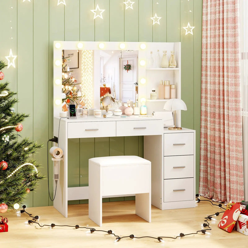 Makeup Table and Stool Set with Hair Dryer Stand-White by DirectDeals
