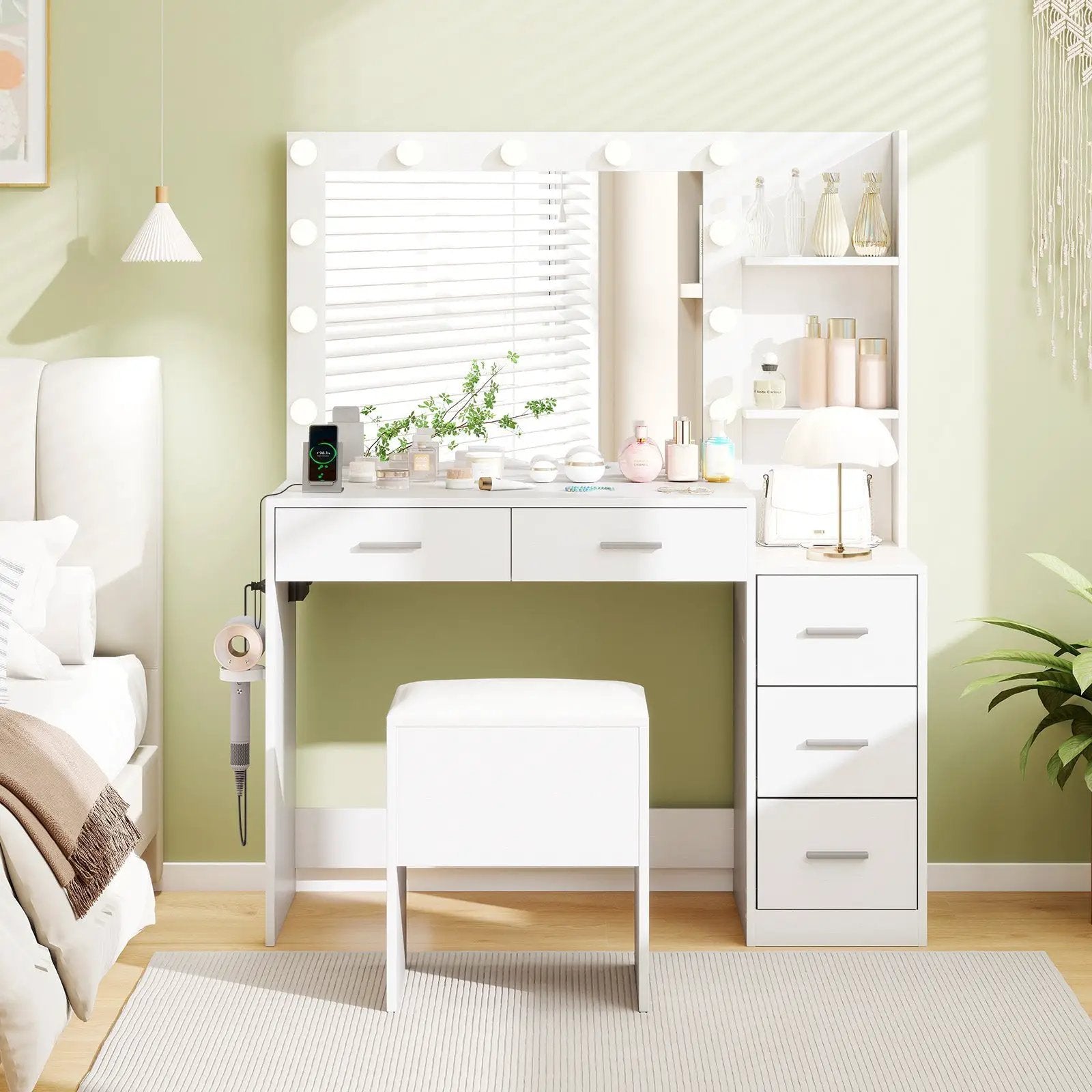 Makeup Table and Stool Set with Hair Dryer Stand-White by DirectDeals
