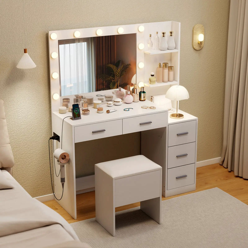 Makeup Table and Stool Set with Hair Dryer Stand-White by DirectDeals