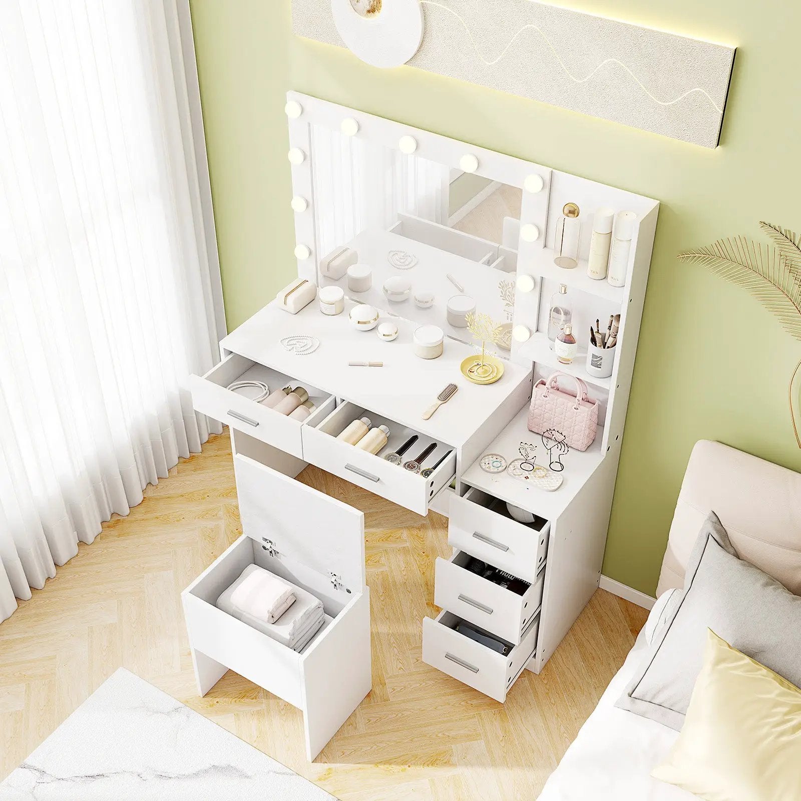 Makeup Table and Stool Set with Hair Dryer Stand-White by DirectDeals