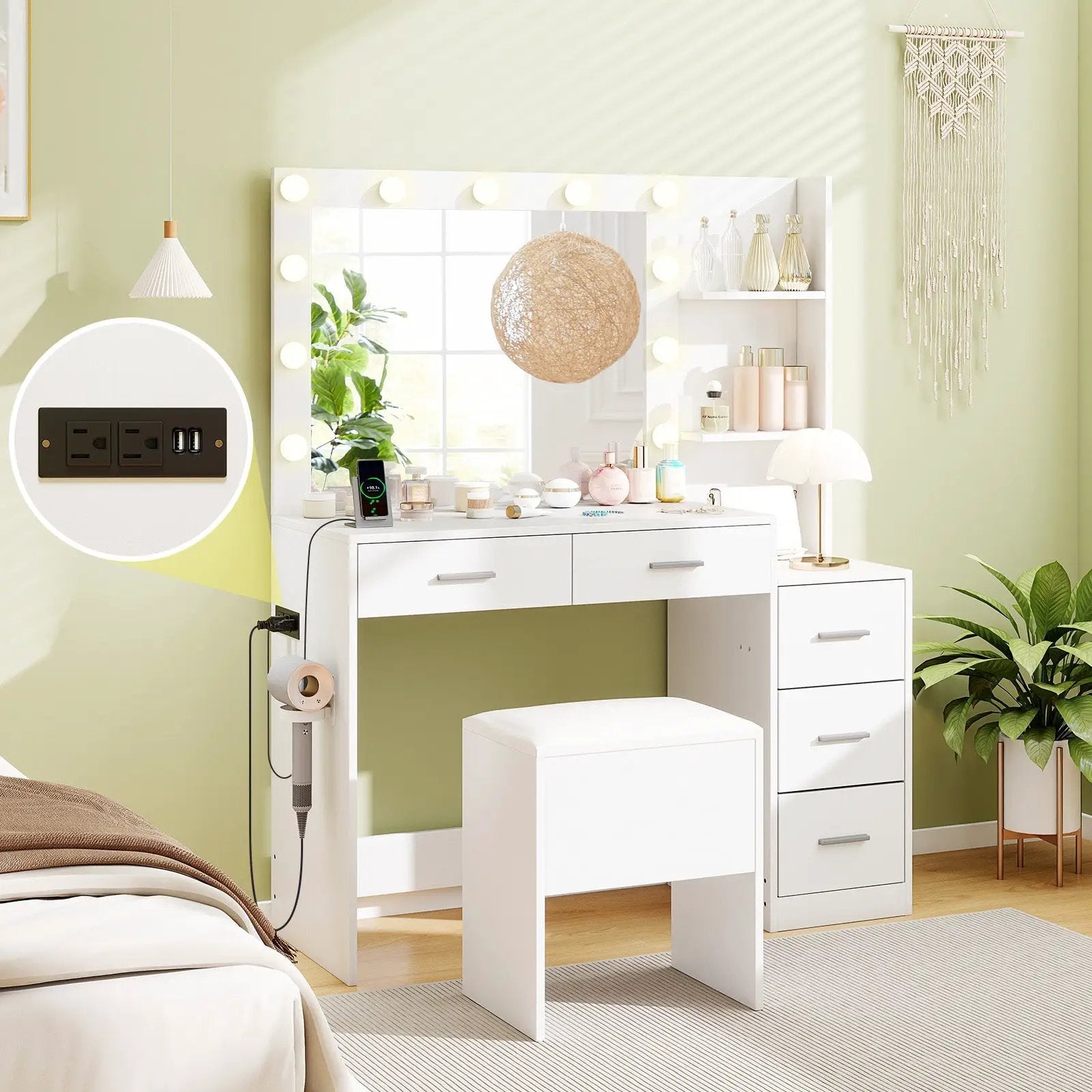 Makeup Table and Stool Set with Hair Dryer Stand-White by DirectDeals