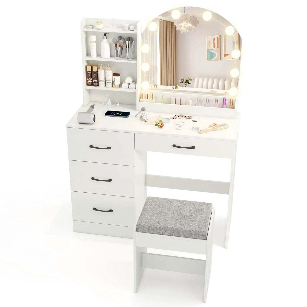 Makeup Vanity Desk Dressing Table and Stool Set with Mirror and Lights by DirectDeals