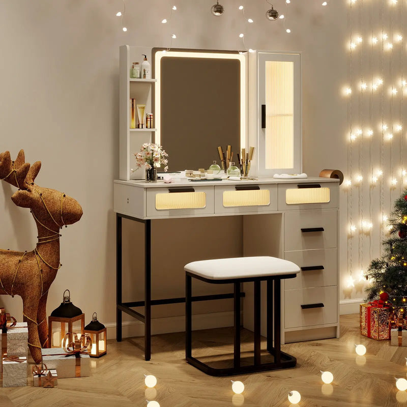 Makeup Vanity Desk with 3-Color Induction LED Lights and 6 Drawers-White by DirectDeals
