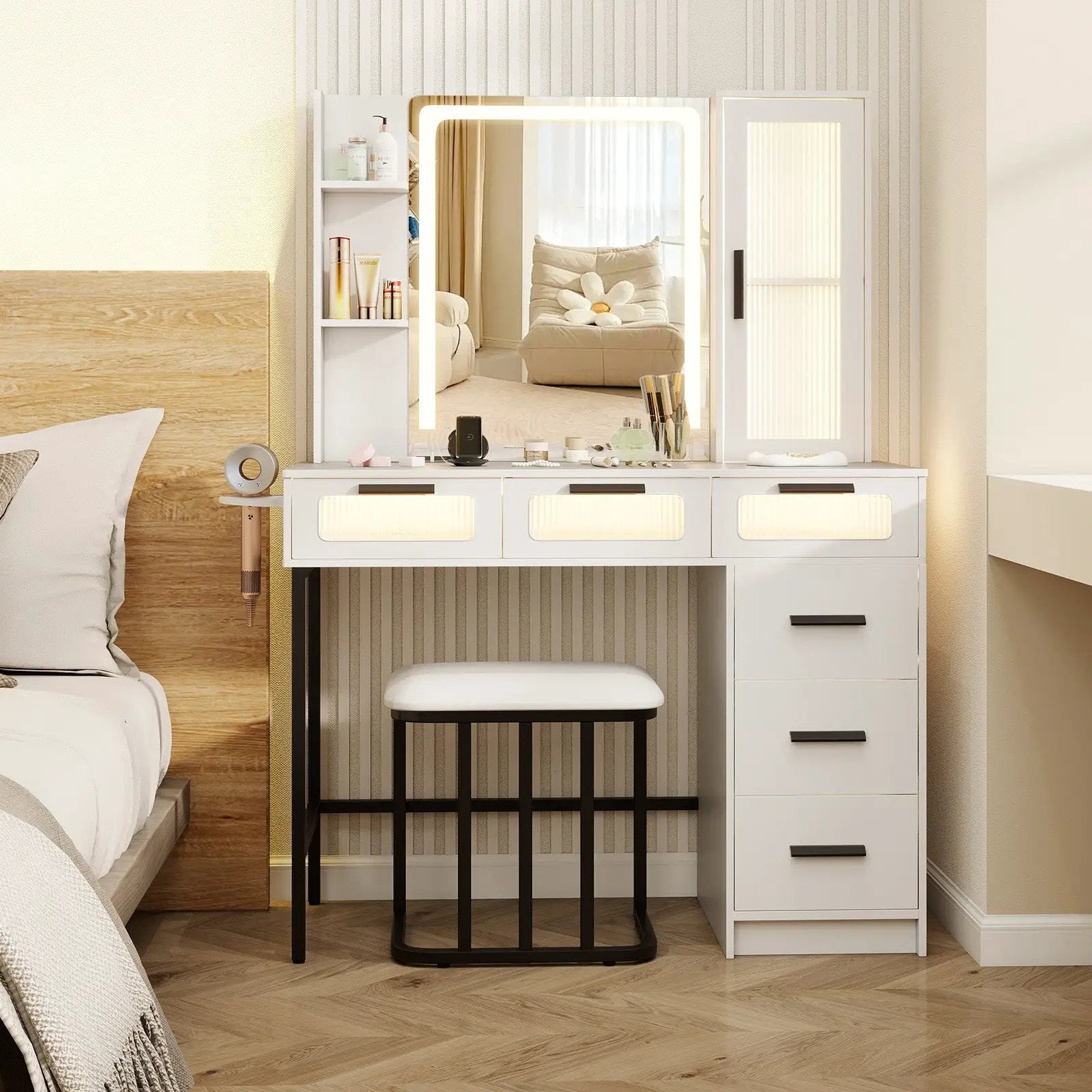 Makeup Vanity Desk with 3-Color Induction LED Lights and 6 Drawers-White by DirectDeals