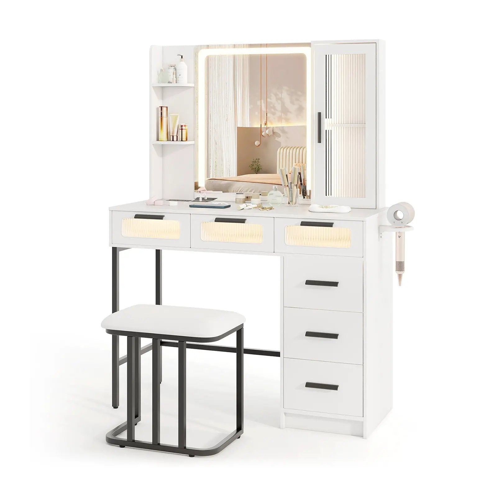 Makeup Vanity Desk with 3-Color Induction LED Lights and 6 Drawers-White by DirectDeals