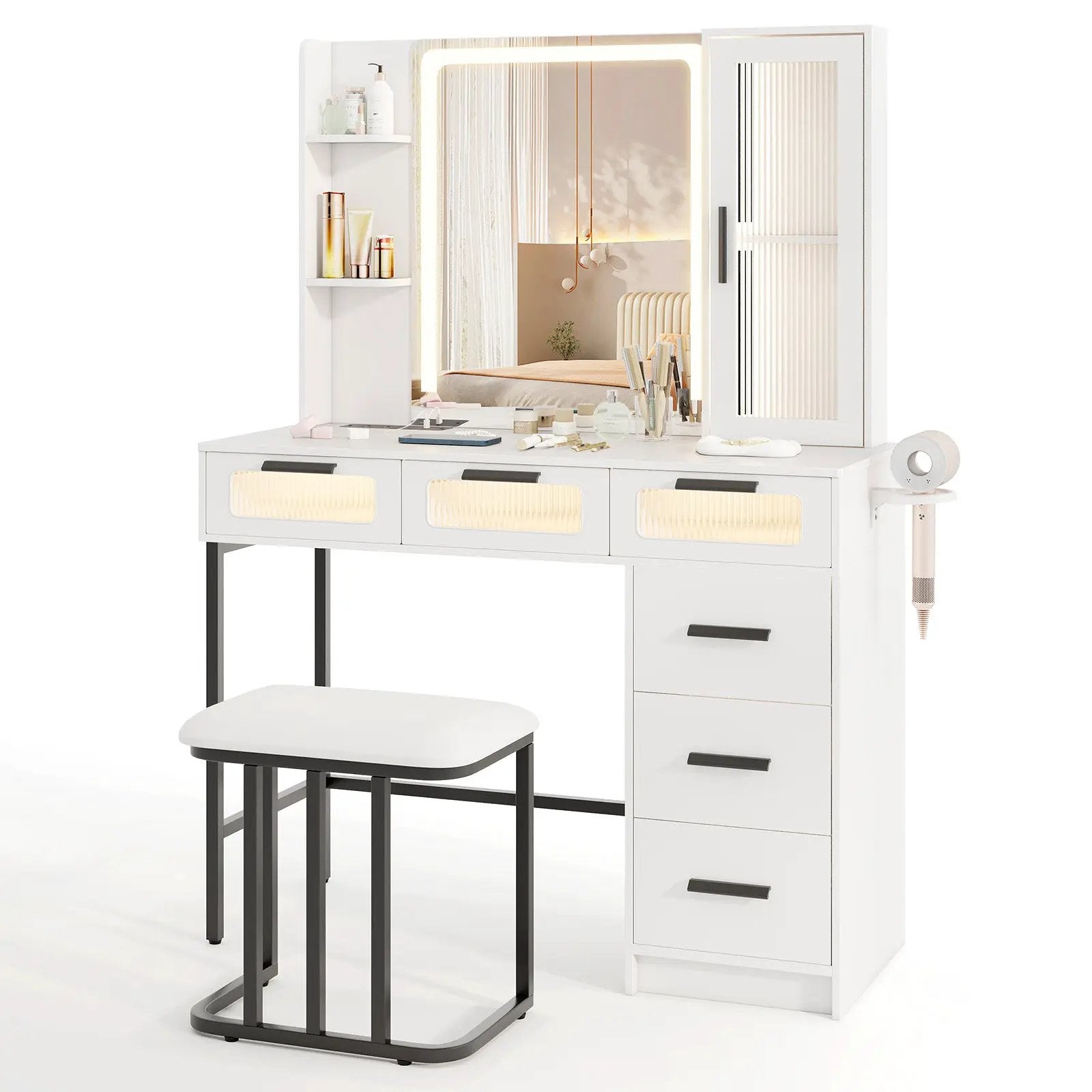 Makeup Vanity Desk with 3-Color Induction LED Lights and 6 Drawers-White by DirectDeals