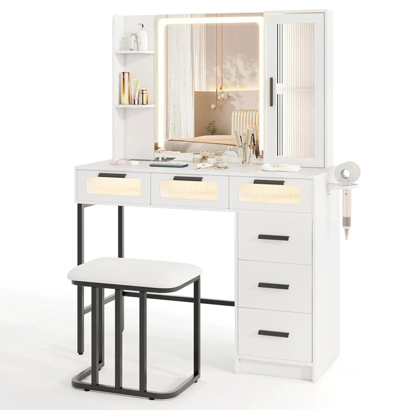 Makeup Vanity Desk with 3-Color Induction LED Lights and 6 Drawers-White by DirectDeals